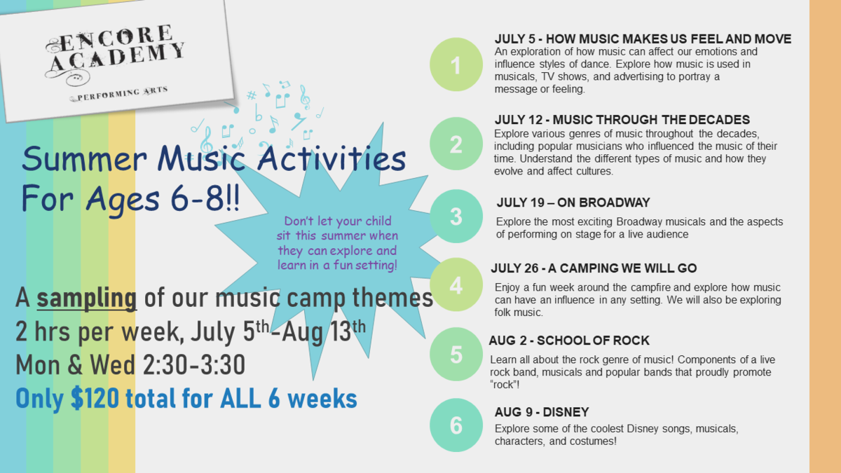 Summer Music Activities for Ages 6-8 (following music camp themes: 2 hours/week from July 5 - Aug 11)